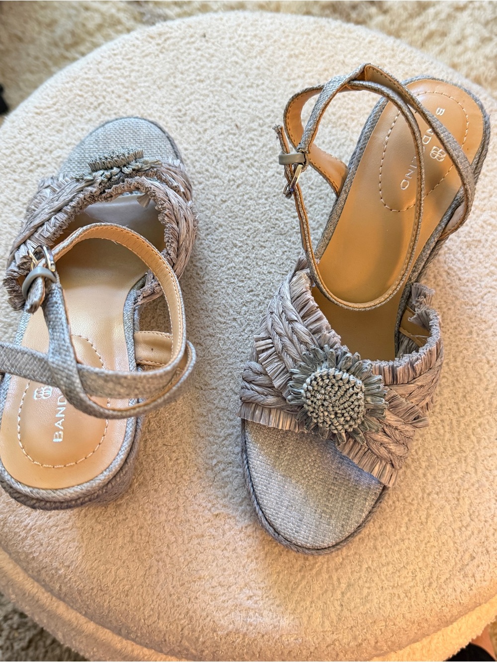 Bandolino Neutral Raffia Flower Strap Sandals
